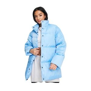 ASOS DESIGN Puffer Jacket Light Blue Oversized High Neck Snap Button Winter SZ 4